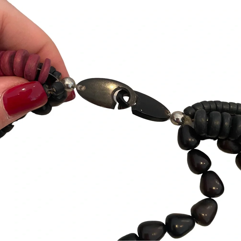 Wooden tribal multi strand multicolor necklace black red 11”